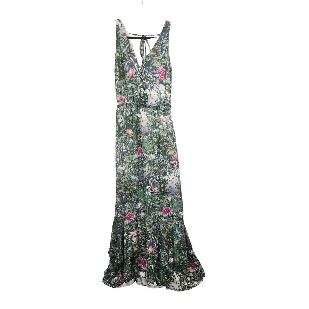 HM Conscious Collection Maxi Dress Womens 2 Green Tropical Floral Casual Wedding